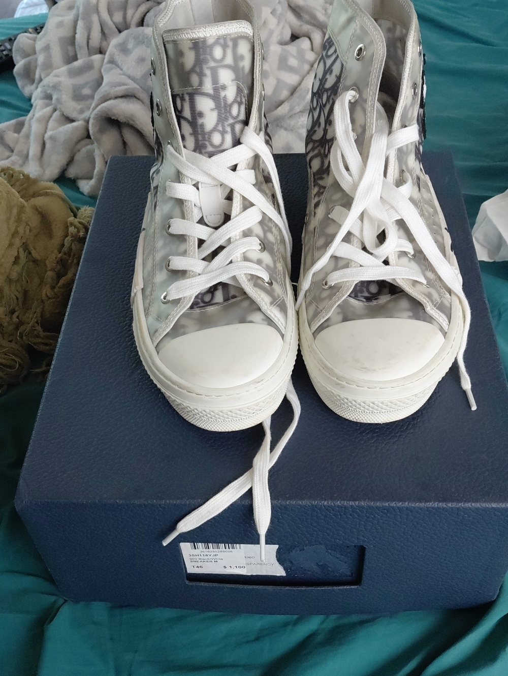 Dior White High-Top Logo Sneakers with Translucent Monogram Panels
